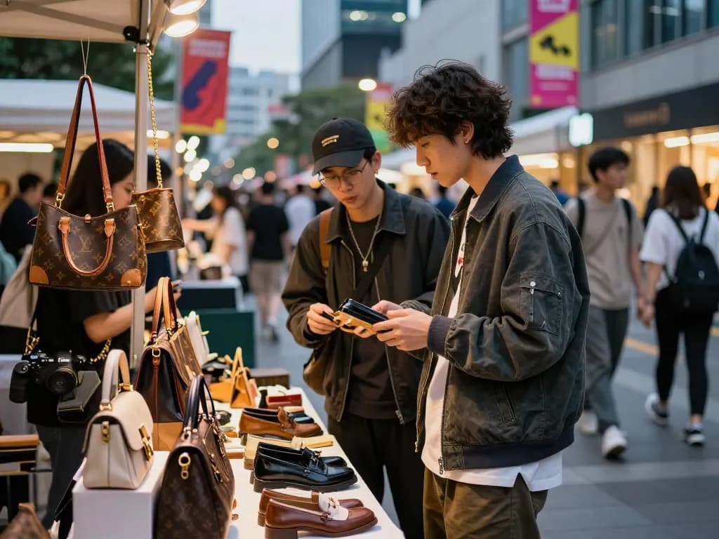 Stylish person exploring premium 레플리카 products at an urban market.