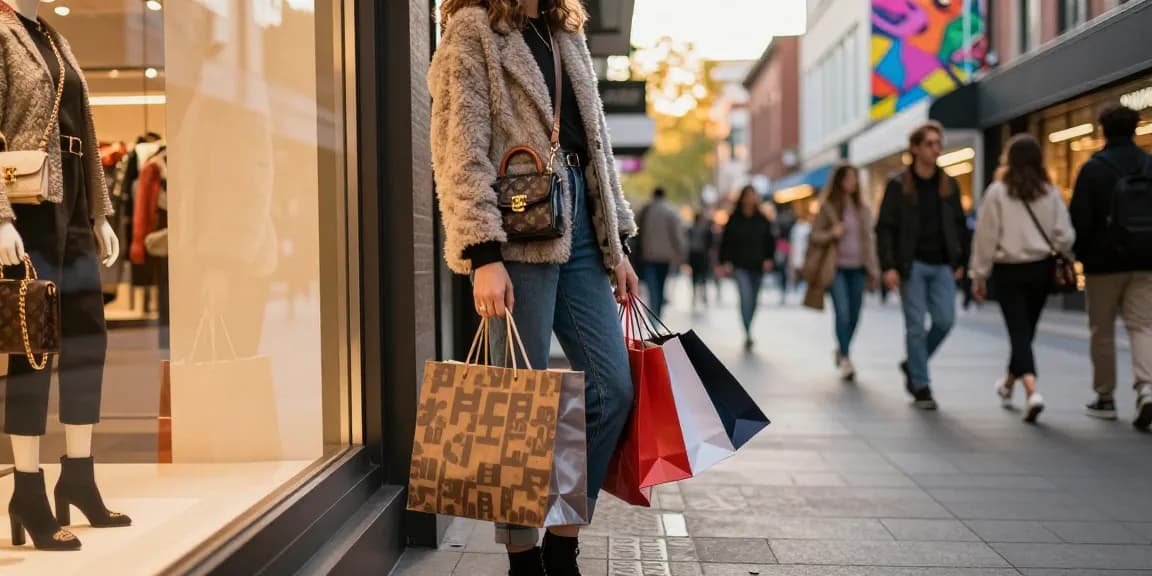 High-quality 레플리카 fashion scene in urban shopping area showcasing stylish outfit and accessories.