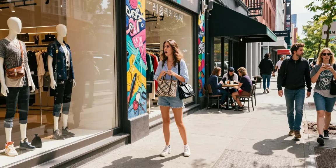 Fashionable shopper exploring a 레플리카 사이트 store in a vibrant urban environment.