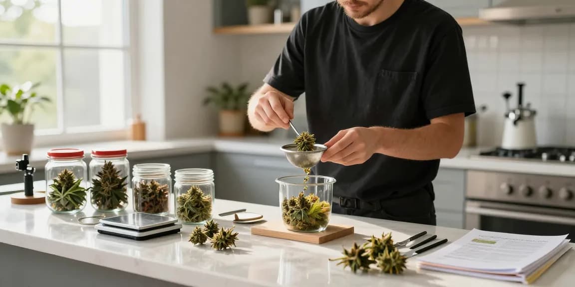 Hash sieb im Einsatz zur Trennung von Cannabis-Trichomen in einer modernen Küche.