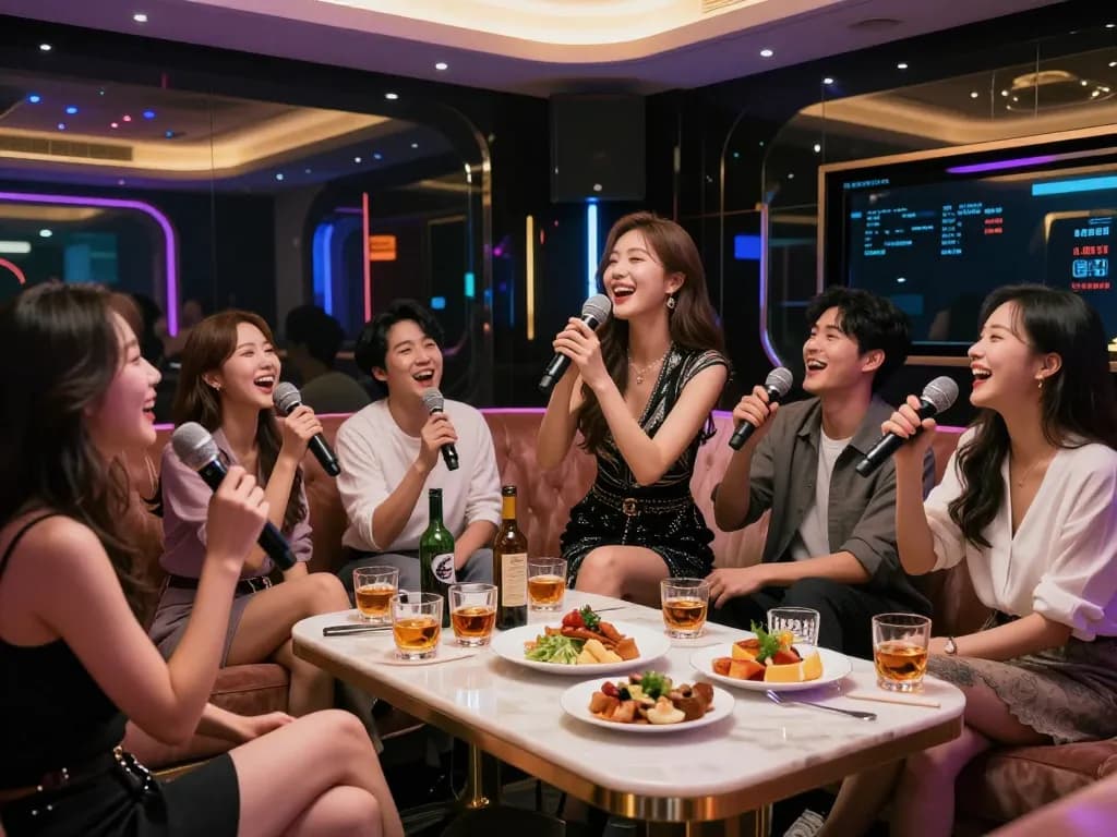 Friends enjoying a night out at a luxurious 강남가라오케 with drinks and karaoke in a vibrant private room.