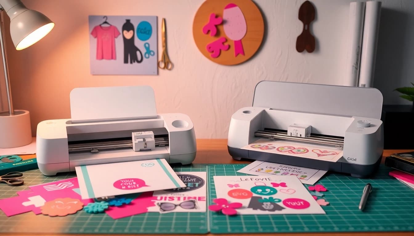 Compare silhouette vs cricut machines with vibrant crafts and tools on a table.