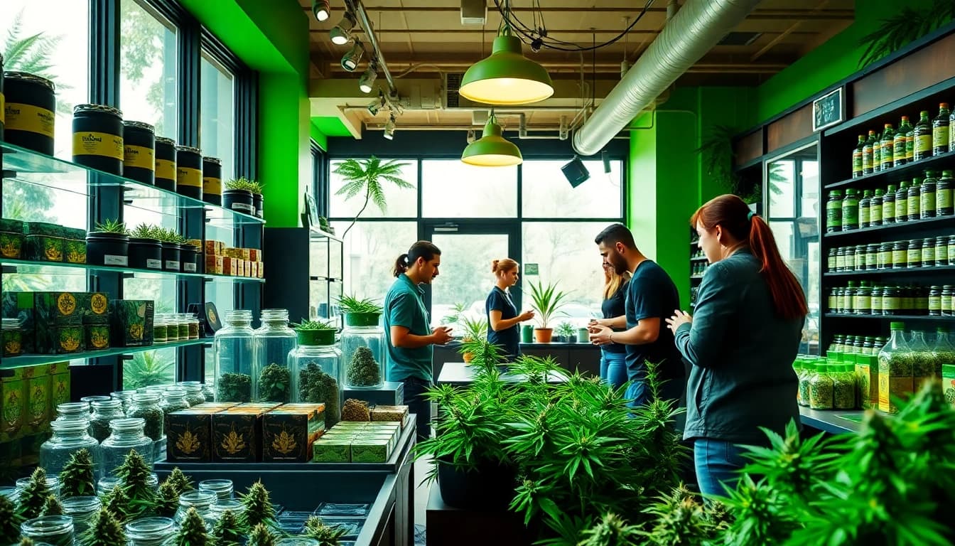 Visit this vibrant Weed Store inside, featuring engaging displays and happy customers.