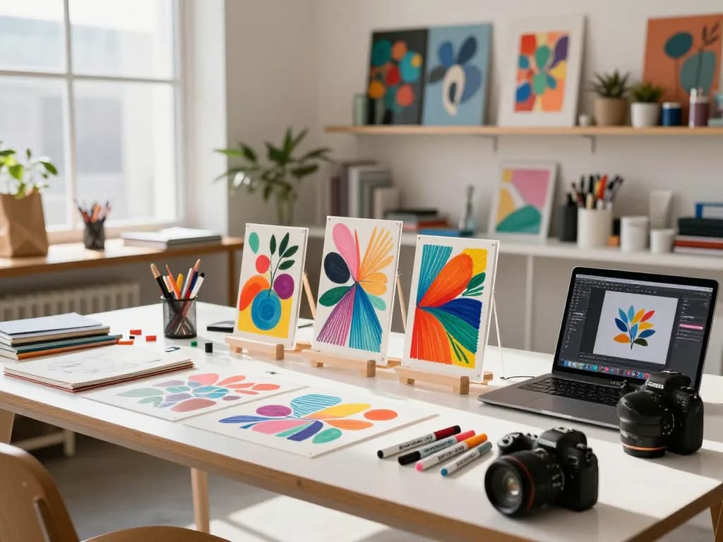 Custom acrylic standees displayed in a bright creative studio with vibrant colors and art supplies.