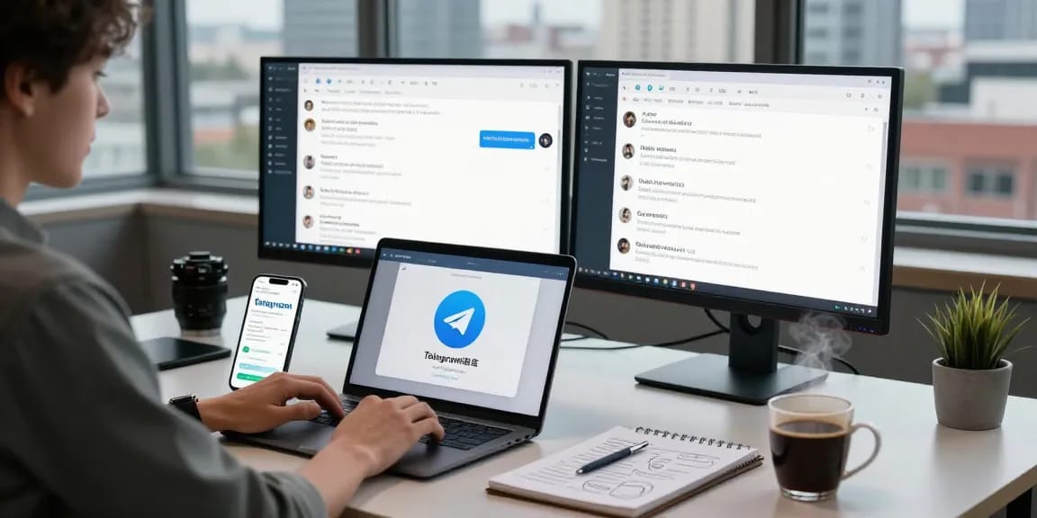 Using Telegram中文版 for effective communication in a modern tech workspace.