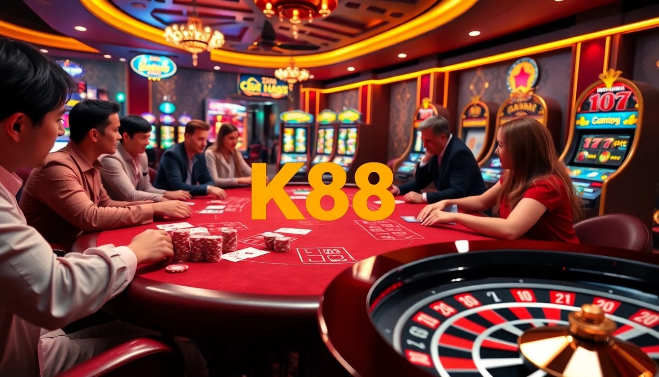 Experience excitement at K88 casino with vibrant gaming tables and colorful slot machines.