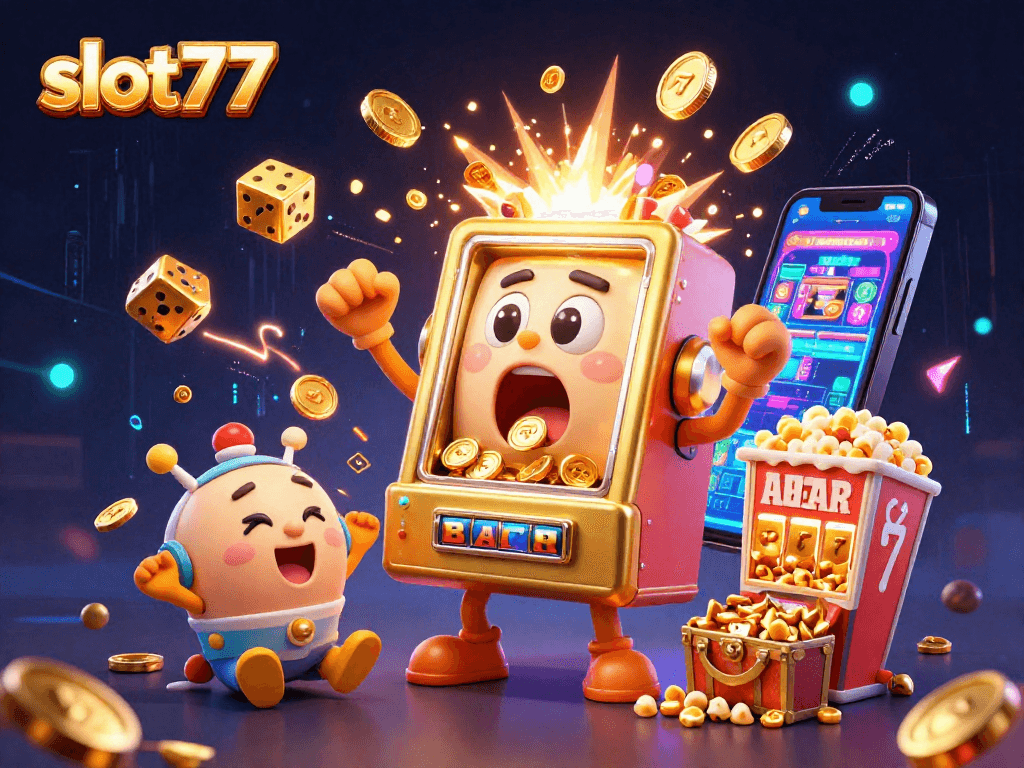 Experience excitement with slot77 as the golden slot machine hits a jackpot surrounded by cheering friends and vibrant symbols.