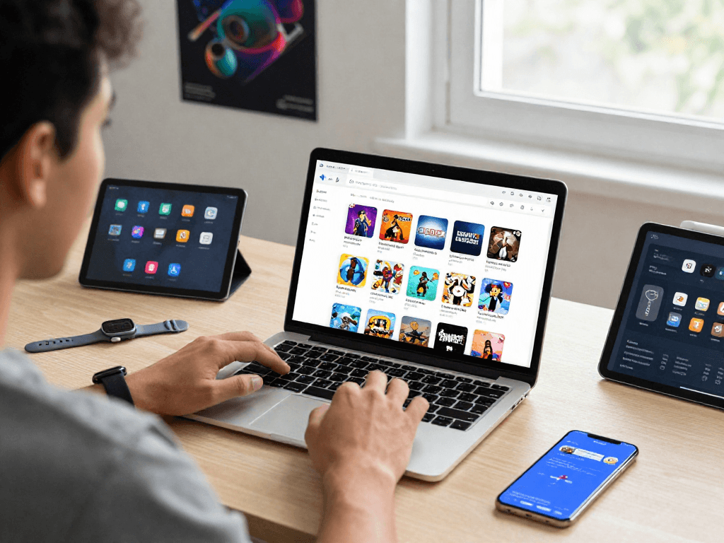bd188 aplikasyon na may makukulay na icons ng laro at educational apps sa laptop ng user sa modernong workspace.
