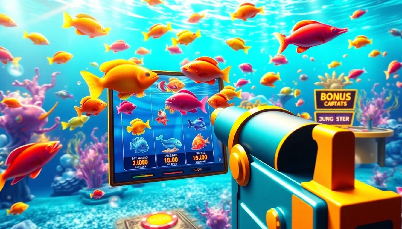 Engaging scene of game bắn cá đổi thưởng with colorful marine life and a virtual cannon targeting fish.