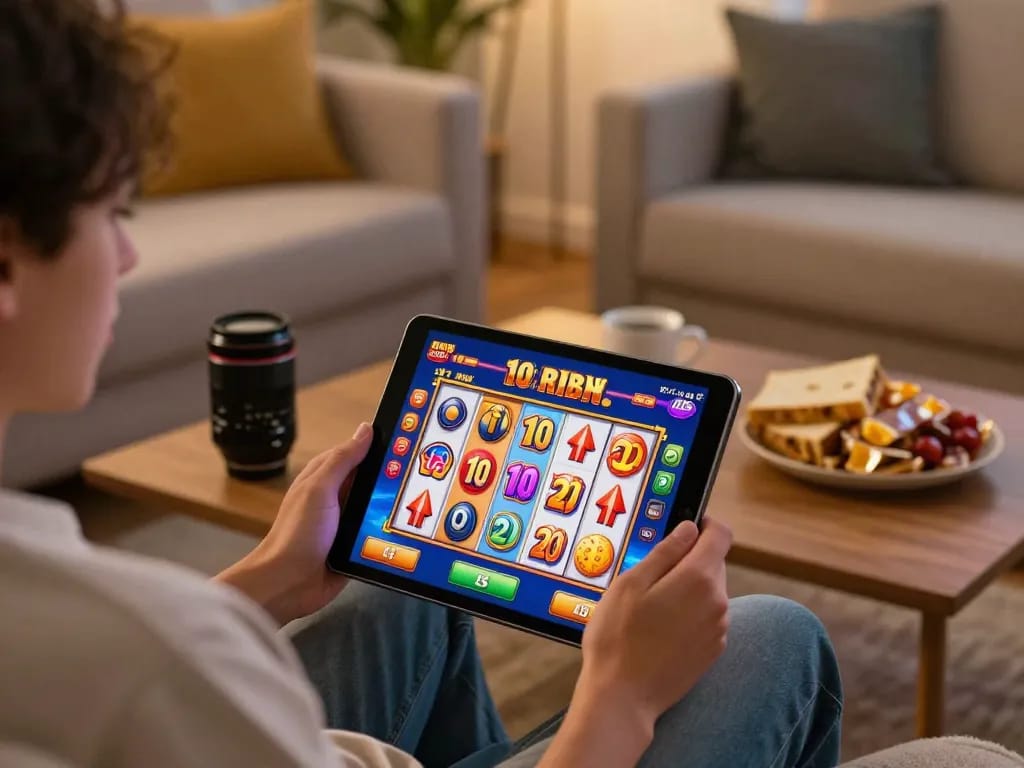Player enjoying slot 10 ribu online gaming with tablet, showcasing interactive interface and cozy environment.