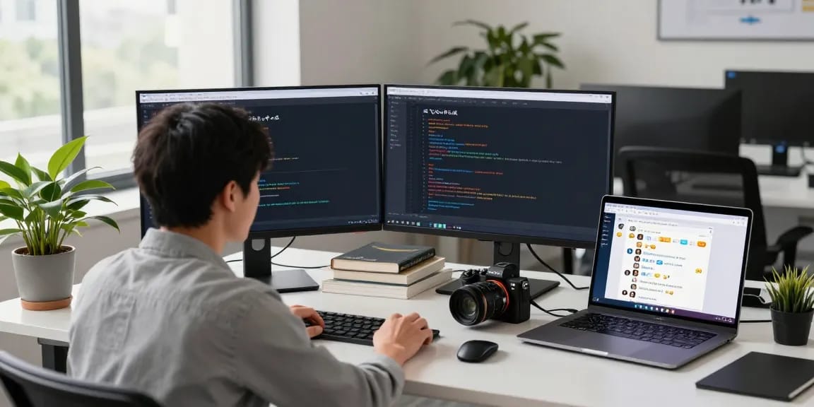Engaged developer working on 纸飞机中文版 in a modern tech workspace, showcasing dual monitors and vibrant interface.