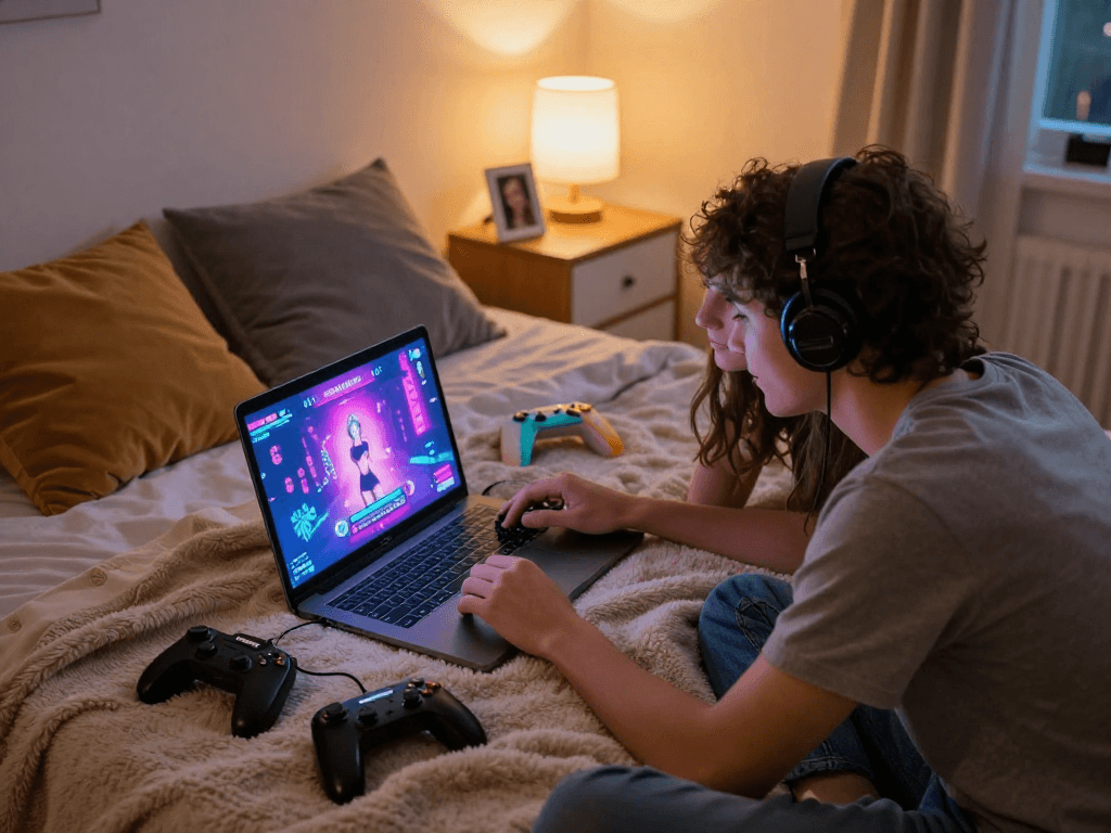Couple enjoying a sex game together in a cozy bedroom setting.