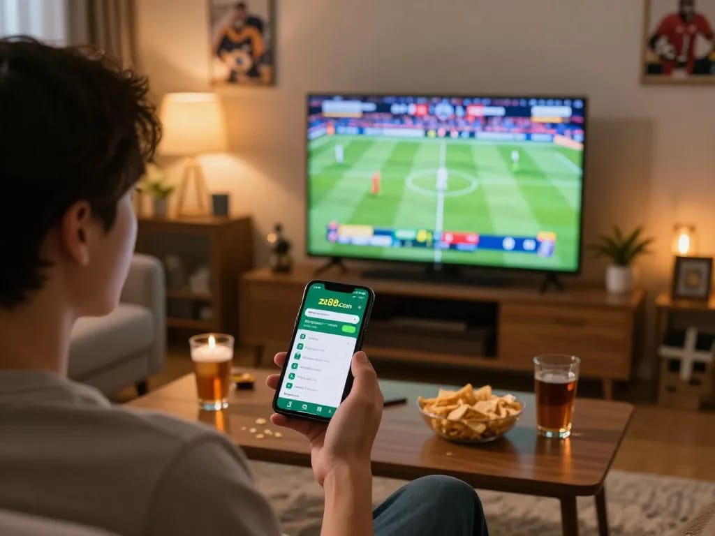 Person engaging with the zx88com mobile betting app while watching live sports.