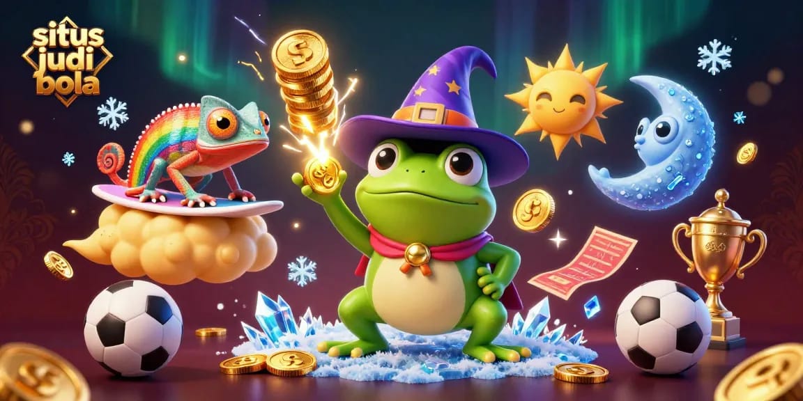 Experience the excitement of situs judi bola with a magical scene of sports betting elements surrounding whimsical characters.