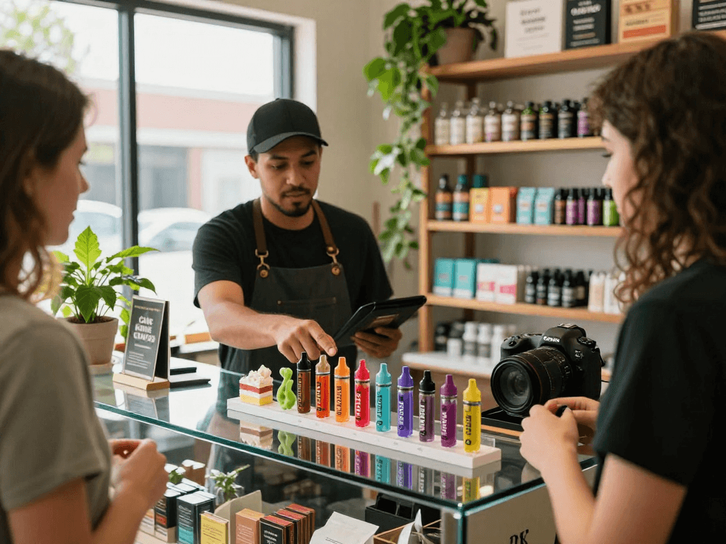 Customers exploring Cake cart vape cartridge selection in a vibrant dispensary.