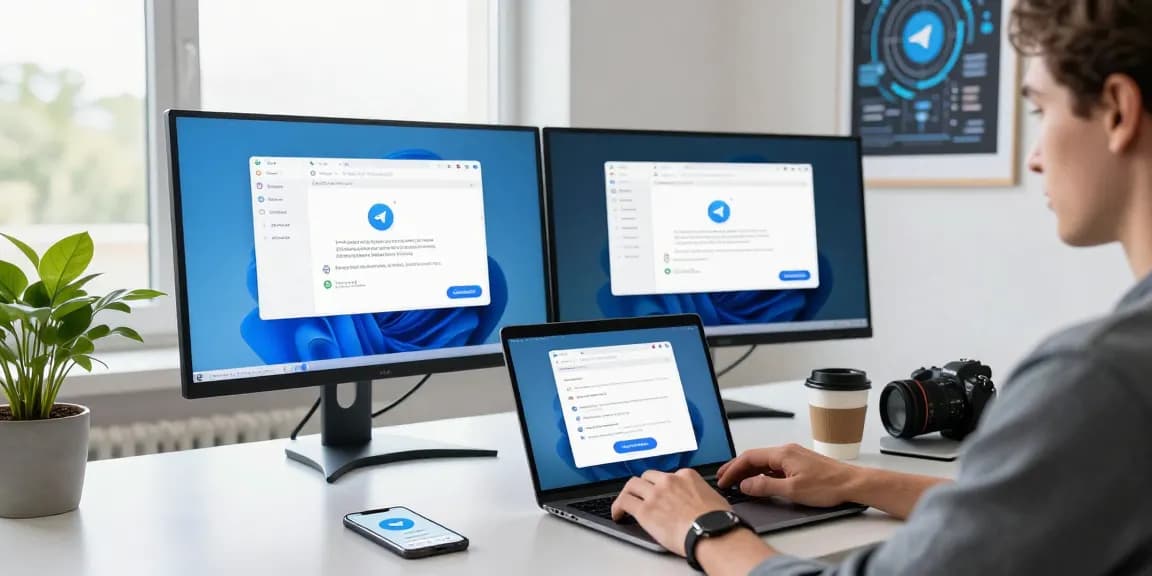 Dynamic workspace illustrating Telegram Download for secure messaging across devices.