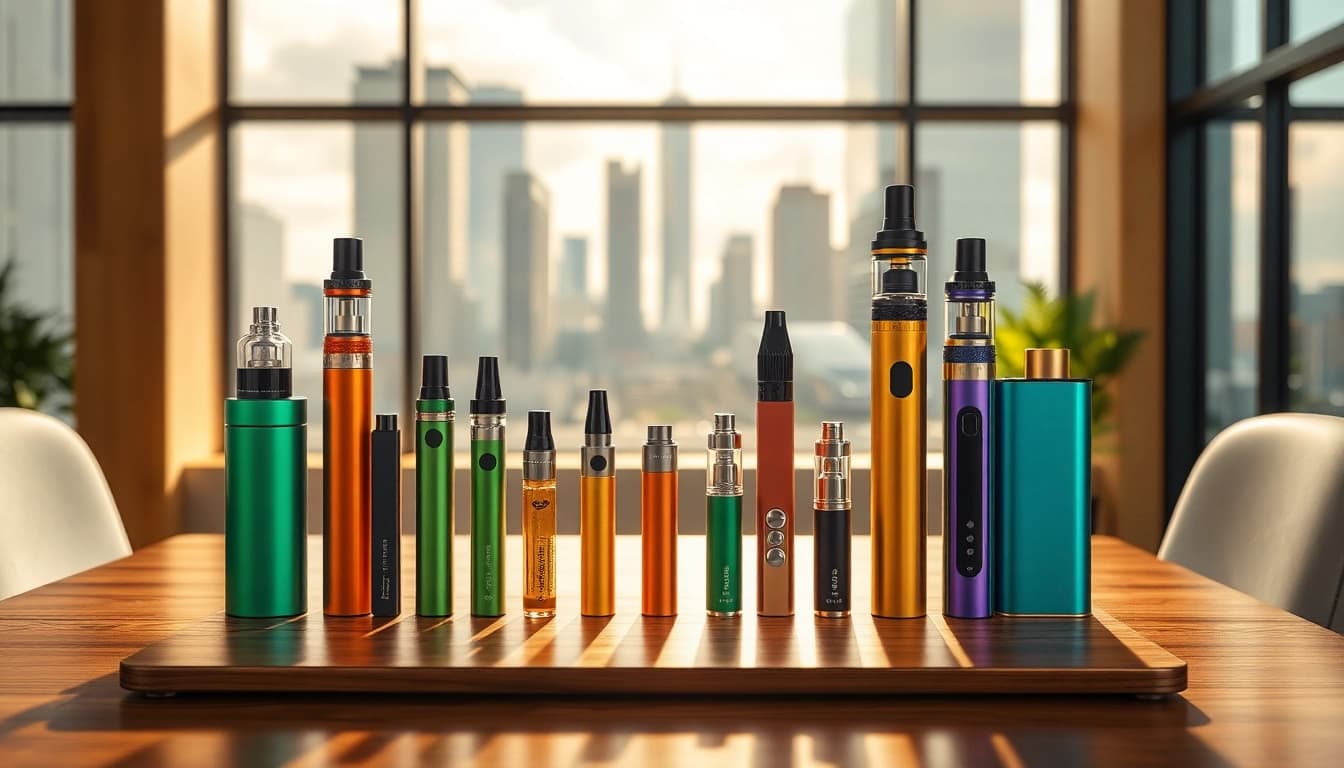 Explore sleek cannabis vape products arranged stylishly, showcasing modern designs and vibrant colors.