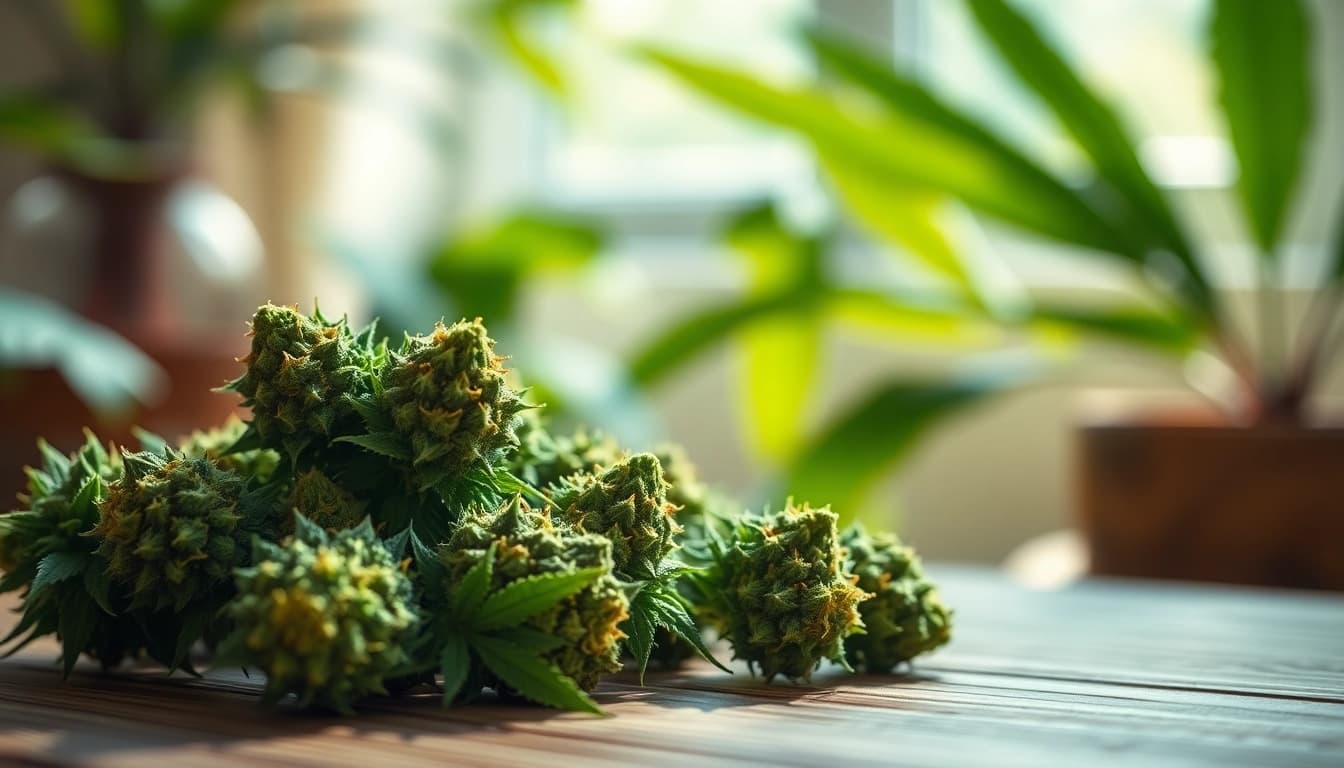 Discover Mental Wellness CBD buds with vivid detail, showcasing their therapeutic qualities in a serene setting.