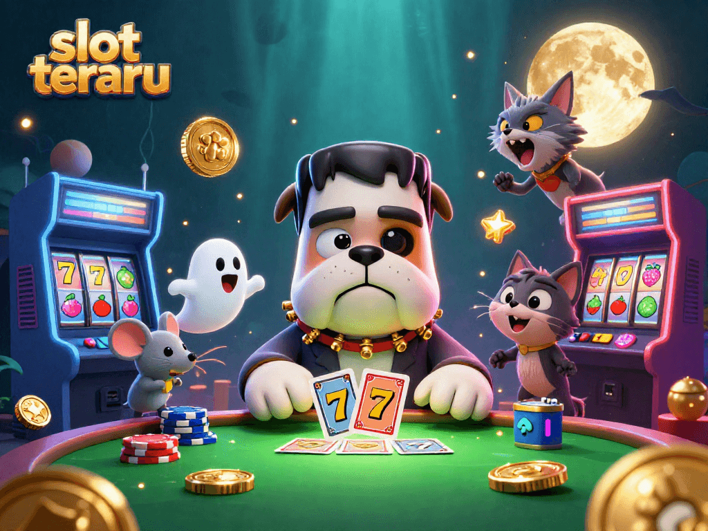 Experience slot terbaru excitement with a 3D cartoon Frankenstein bulldog alongside a ghost mouse and werewolf kitten, winning at casino games.