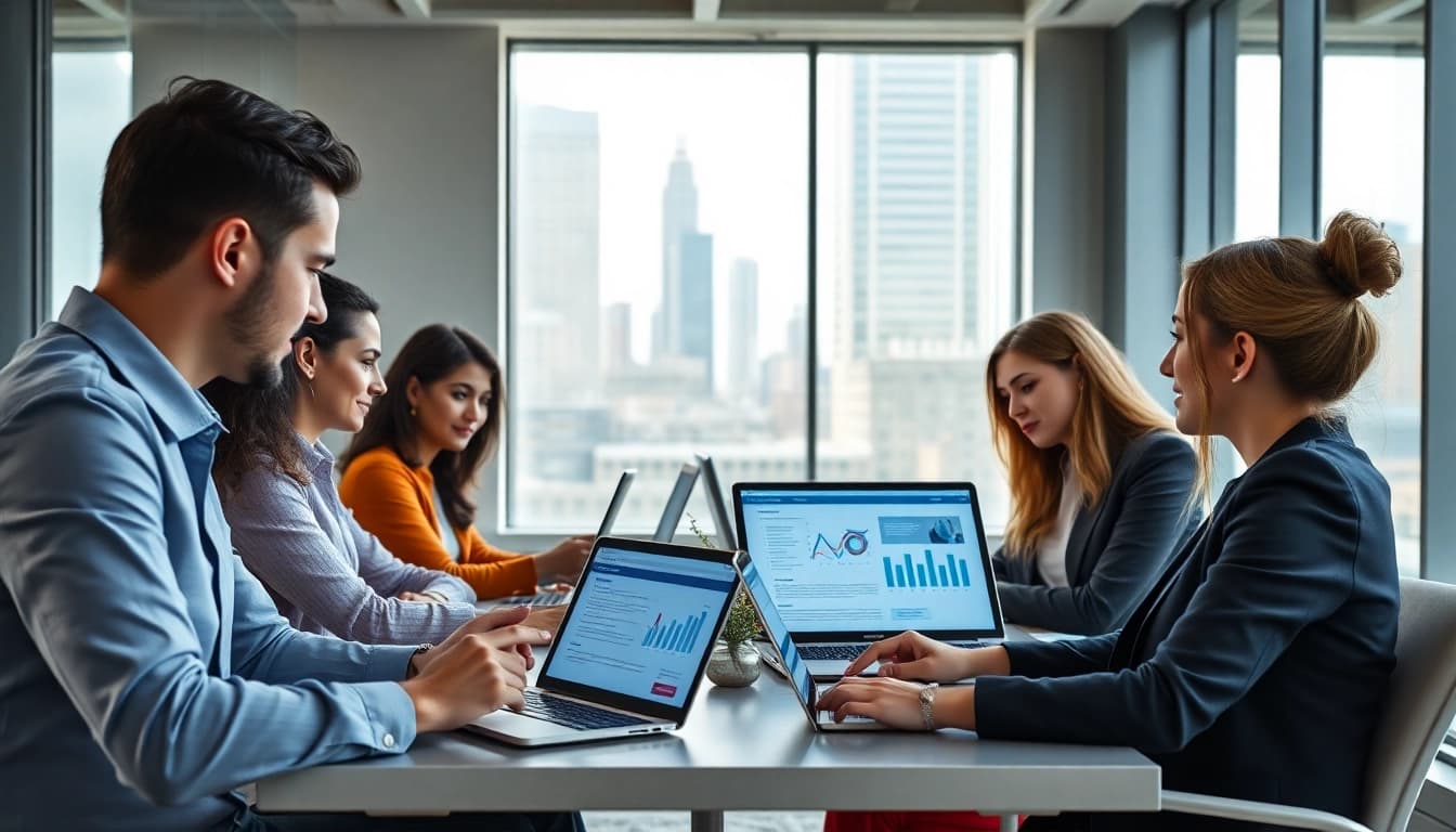 Responsive web design NYC showcased in a vibrant office scene with professionals collaborating.