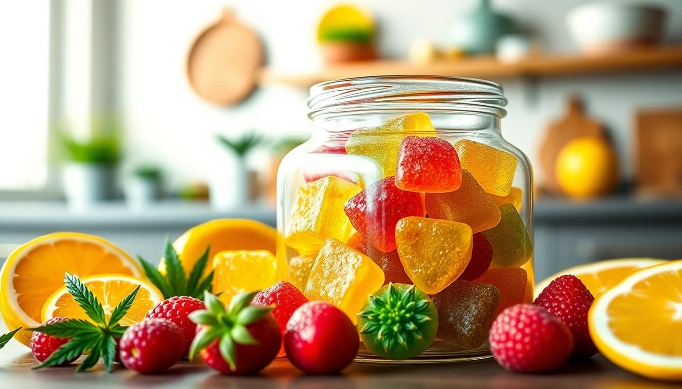 Indulge in delicious Weed Gummies with vibrant colors and a fresh fruit backdrop.