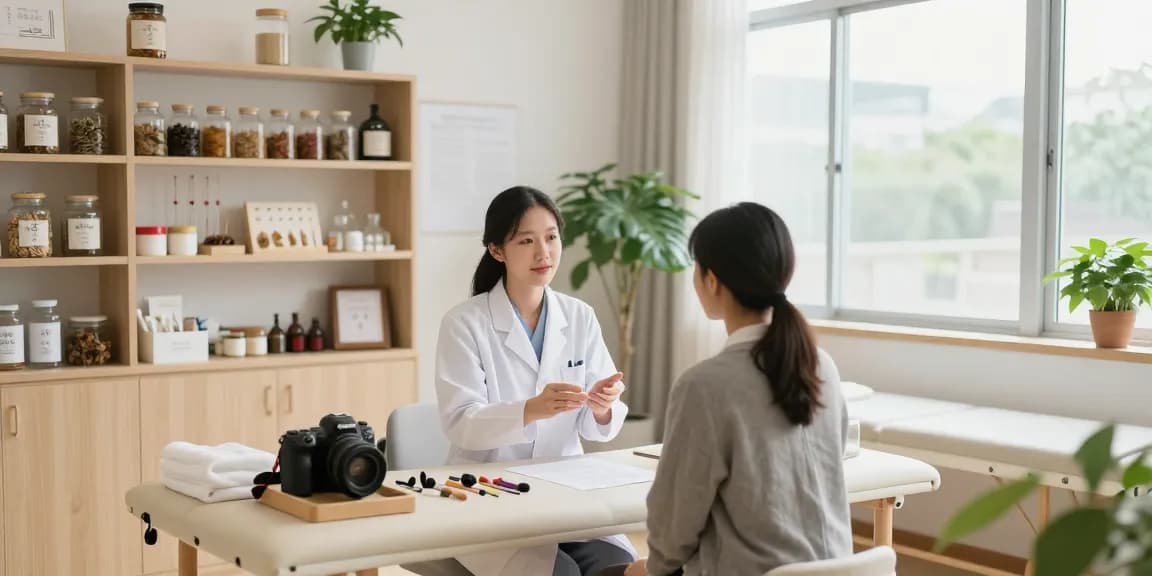 Consultation at 영통한의원 showcasing a healer discussing treatment options in a soothing environment.