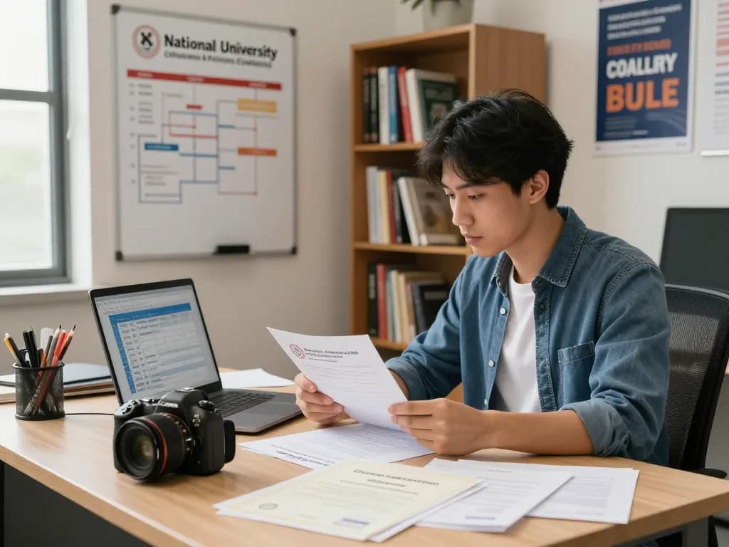 Individual reviewing National University (NU) Certificate & Document Processing Guidelines in an organized office.