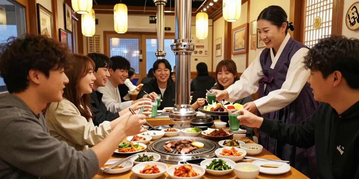 An engaging gathering at 상봉동 한국관, showcasing friends enjoying Korean BBQ with vibrant dishes and traditional decor.