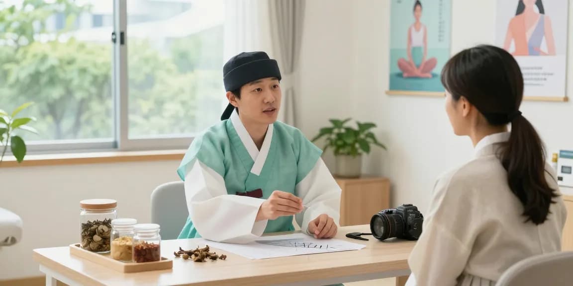 Comfortable consultation at 수원한의원 with a healthcare professional discussing holistic treatments in a calming environment.