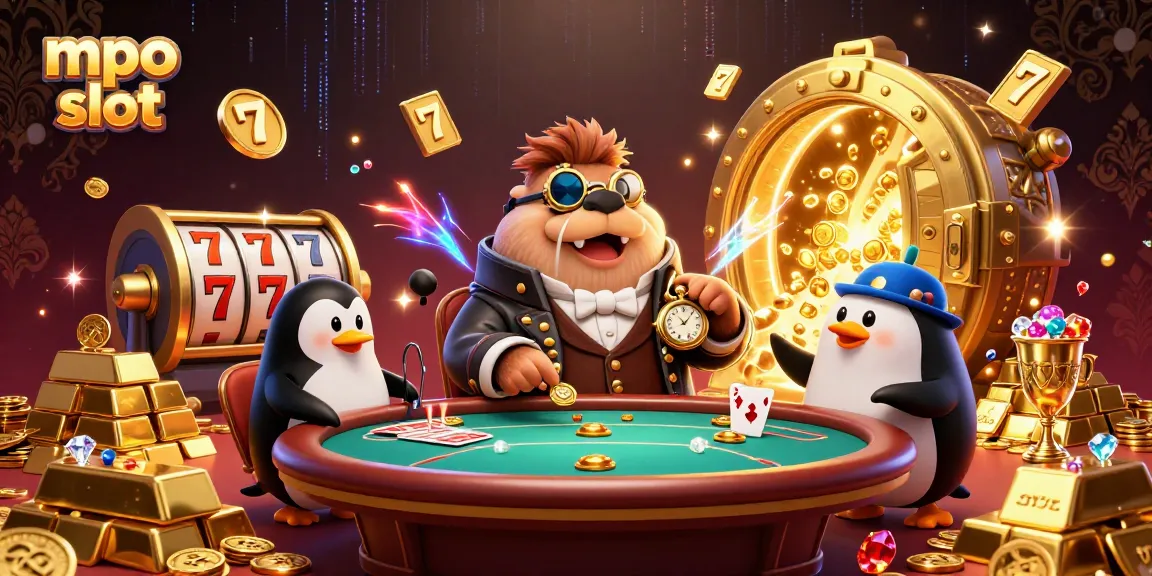 Play mpo slot with excitement as a walrus and friends unveil treasures at an underwater poker table.