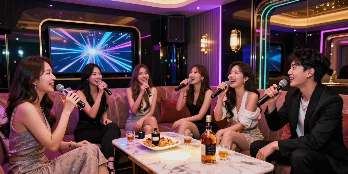 Friends enjoying a lively evening at 강남가라오케 in a luxurious private room, singing and celebrating together.