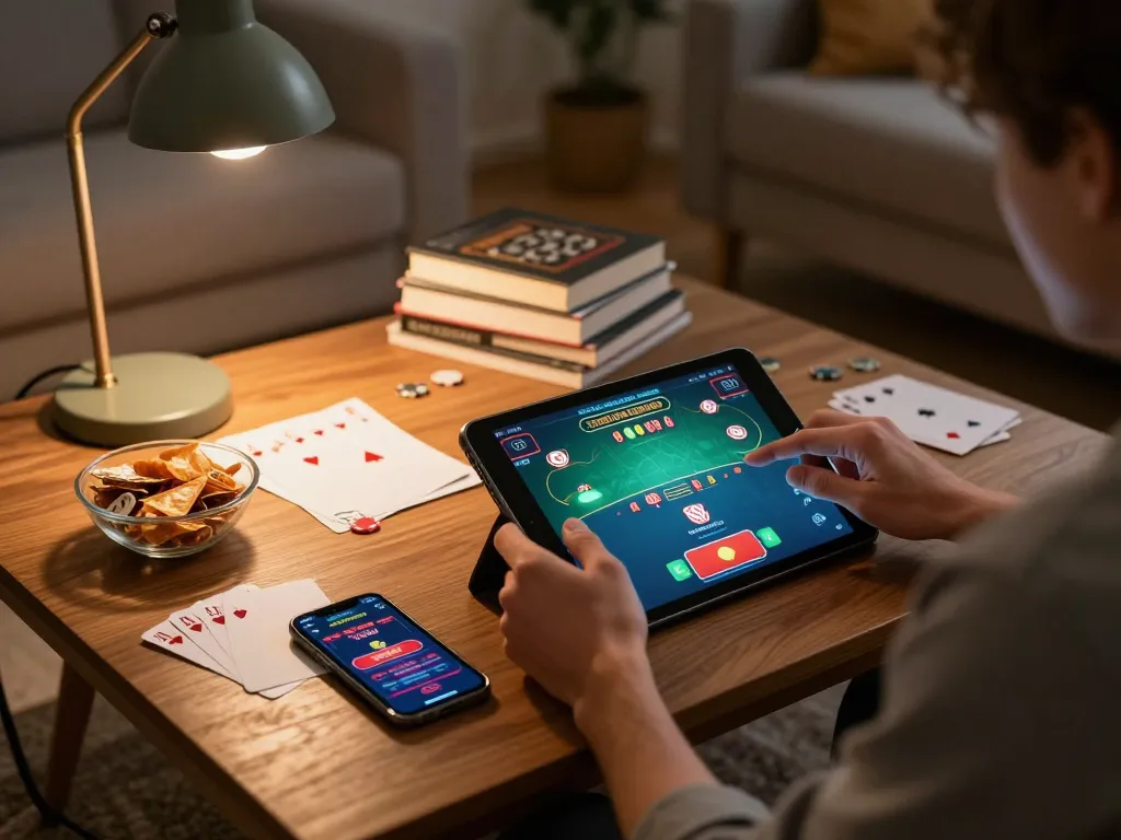 Person engaging with the sun win online poker game from a cozy living room setting.
