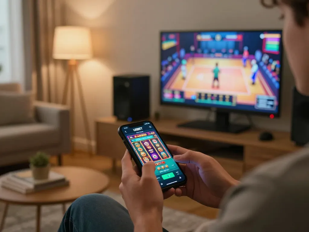 Engaging in gameplay with USBET mobile app on a smartphone in a cozy home setting