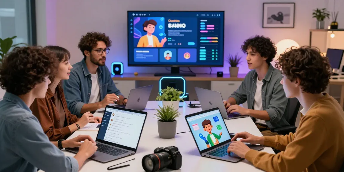 Engaged team exploring Crushon AI in a modern digital workspace with laptops and tablets.