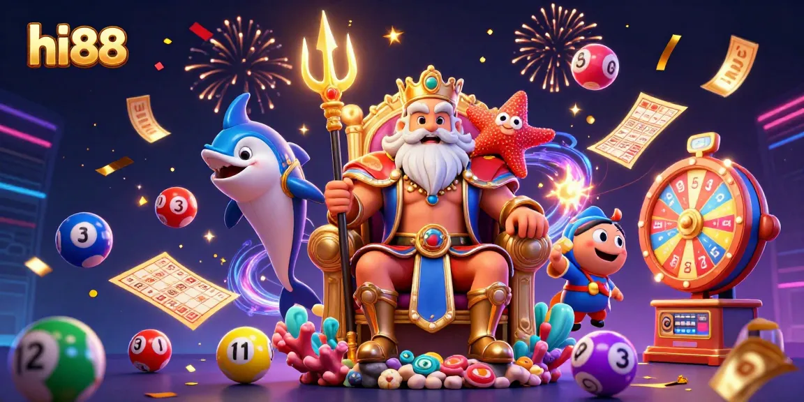 Join hi88 for exciting lottery action featuring Neptune and vibrant game elements in a dynamic scene.