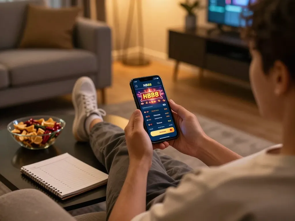 Person using the HB88 app on smartphone, enjoying a relaxing home gaming experience.