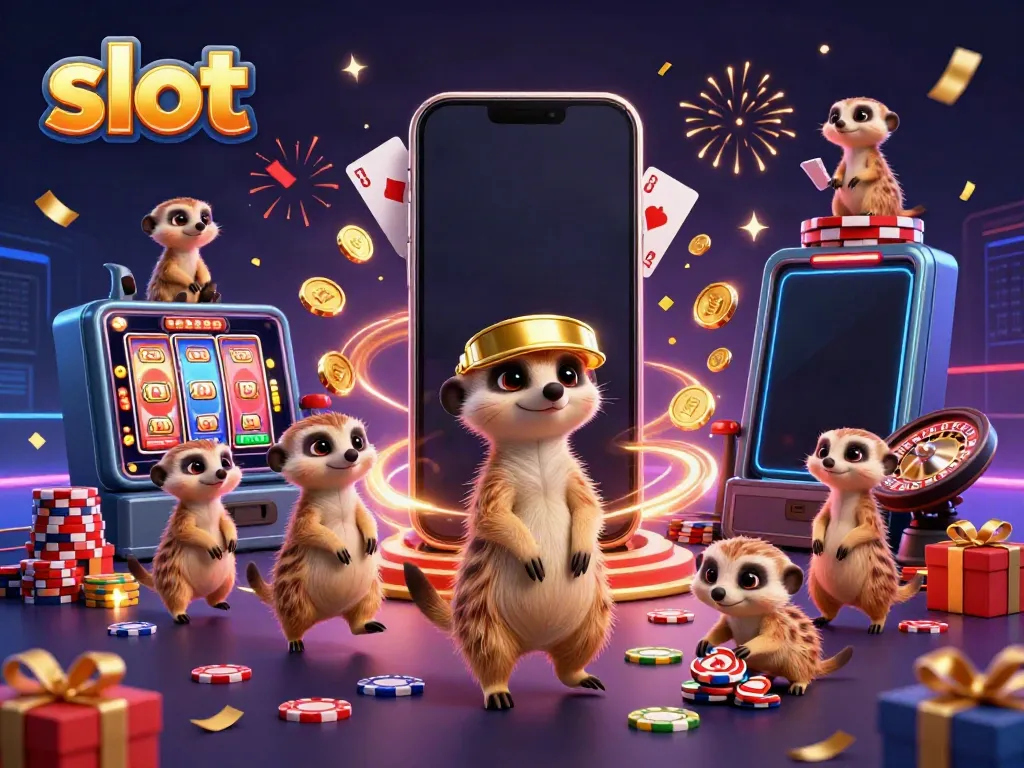 Engaging meerkats managing a vibrant slot casino with colorful gaming elements and energetic visuals