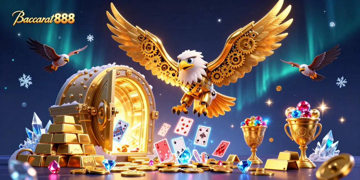 Baccarat888 gains excitement with a cybernetic eagle amidst shining treasures, playing cards, and vibrant gems.