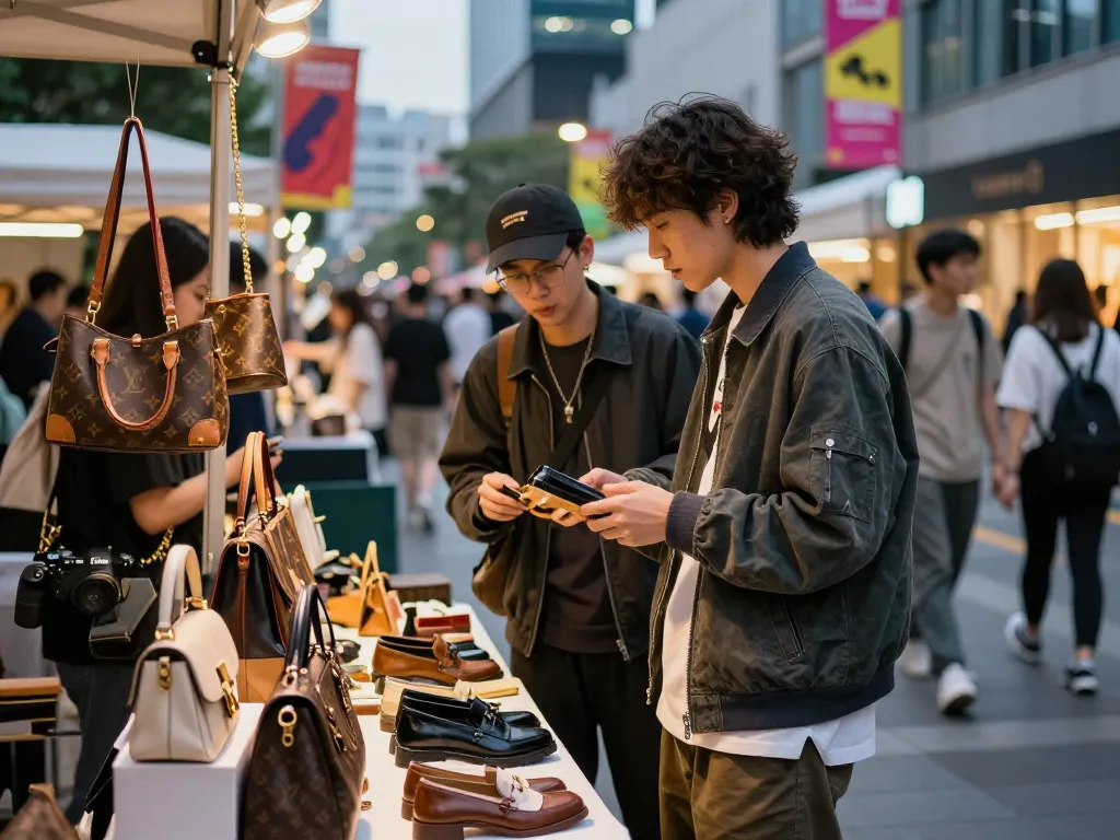 Stylish person exploring premium 레플리카 products at an urban market.