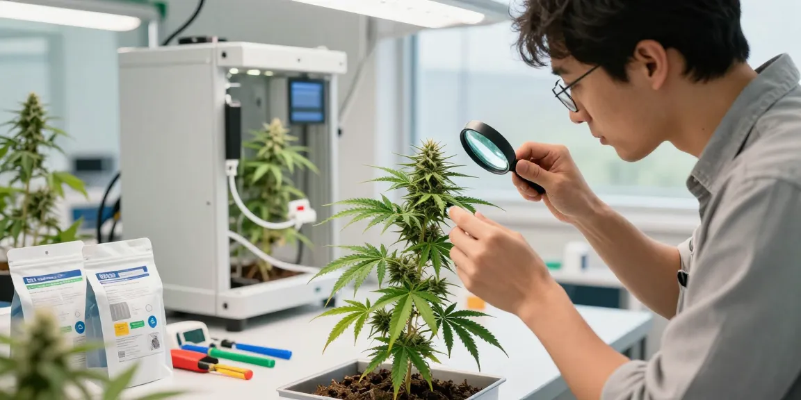 Grower examining triploid cannabis genetics in a bright cultivation lab.