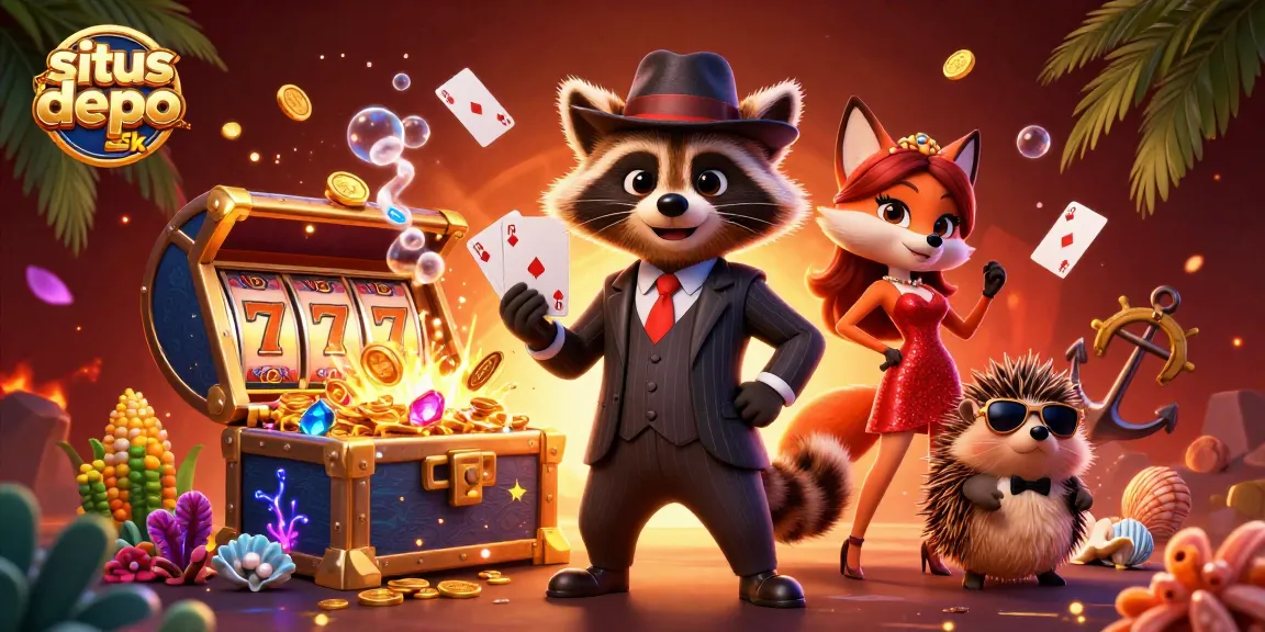 Situs depo 5k menyediakan permainan slot dengan peluang menang tinggi, dikelilingi karakter ceria.