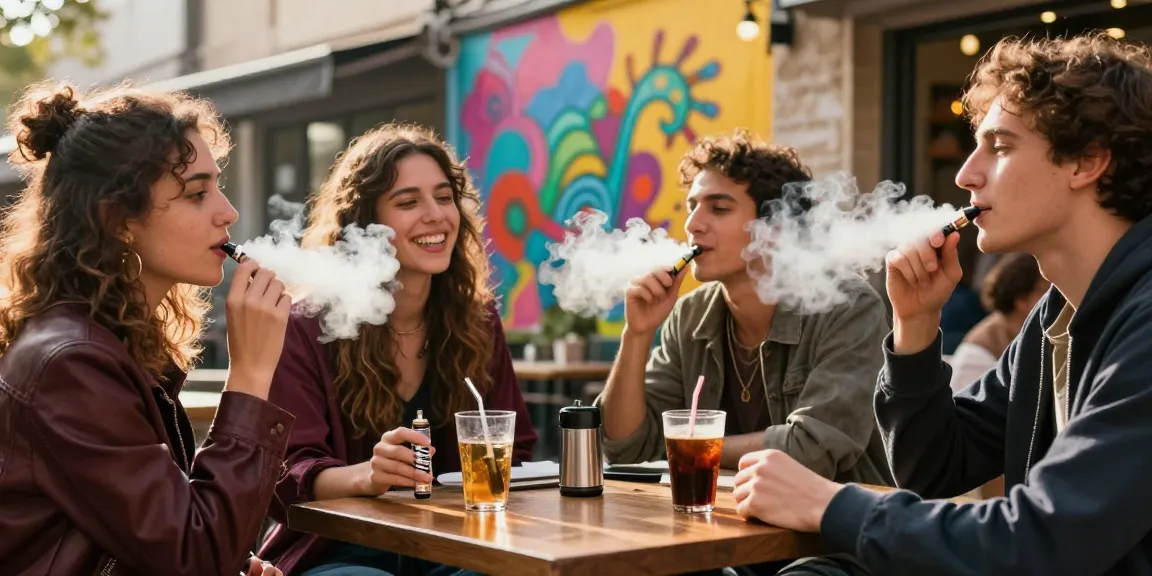 Junge Erwachsene genießen Al Fakher Vape in einem Café, farbige Wolken und gesellige Atmosphäre.