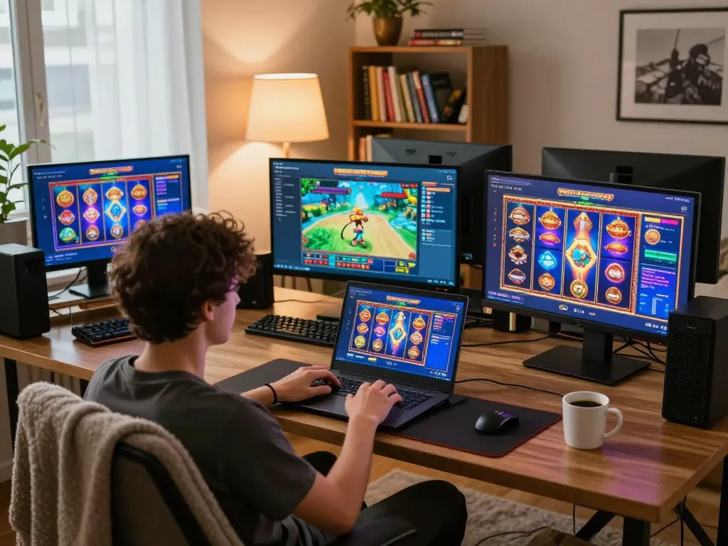 Engaging slot online gameplay on a laptop in a cozy living room environment, showcasing gaming strategy and relaxation.