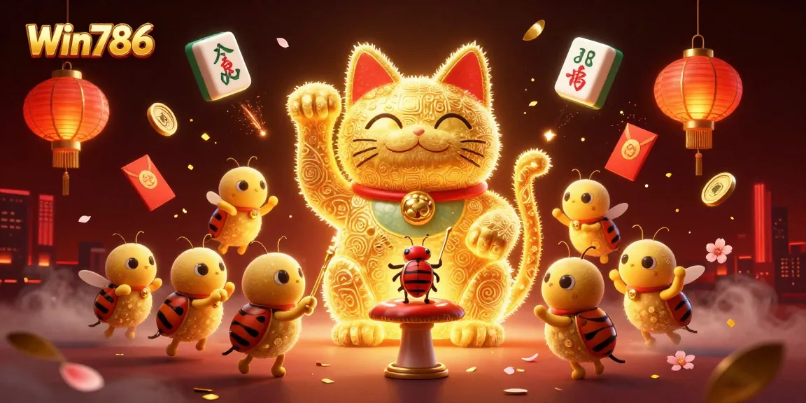 Experience Win786's lively gaming ecosystem, featuring a lucky cat and colorful casino elements in dynamic motion.