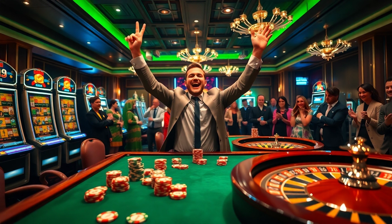 Celebrating a win at the casino while preparing to Magrehistro for online gaming.