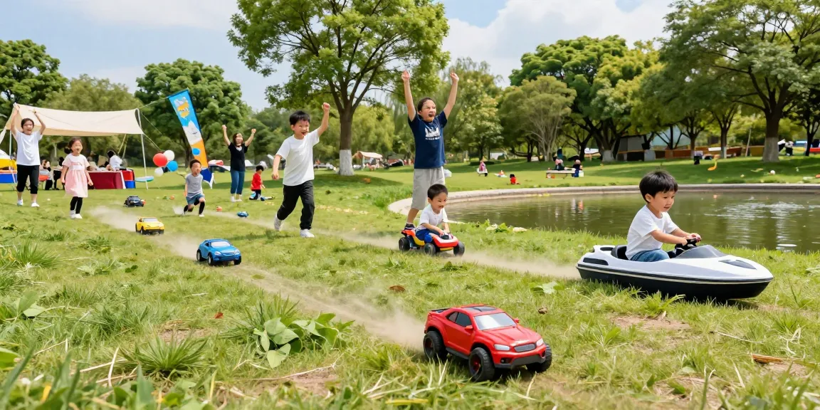 Kids enjoying rokok88 remote control cars and boats in a sunny park.