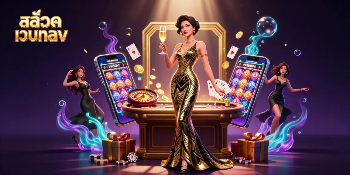 Experience exciting gameplay opportunities with สล็อตเว็บตรง, featuring a glamorous Asian woman amidst dynamic casino elements.
