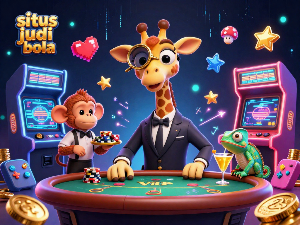 Experience excitement at situs judi bola with a high-roller giraffe and vibrant casino elements in a dynamic 3D scene.