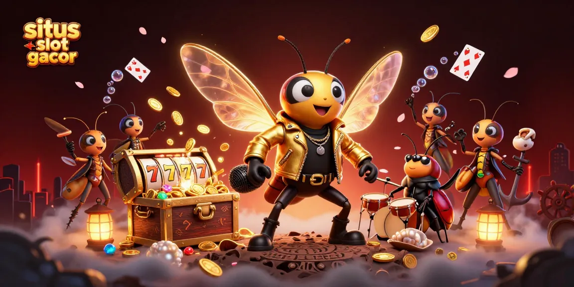 situs slot gacor showcases a vibrant 3D illustration of a rock star cicada, slot reels, and treasure