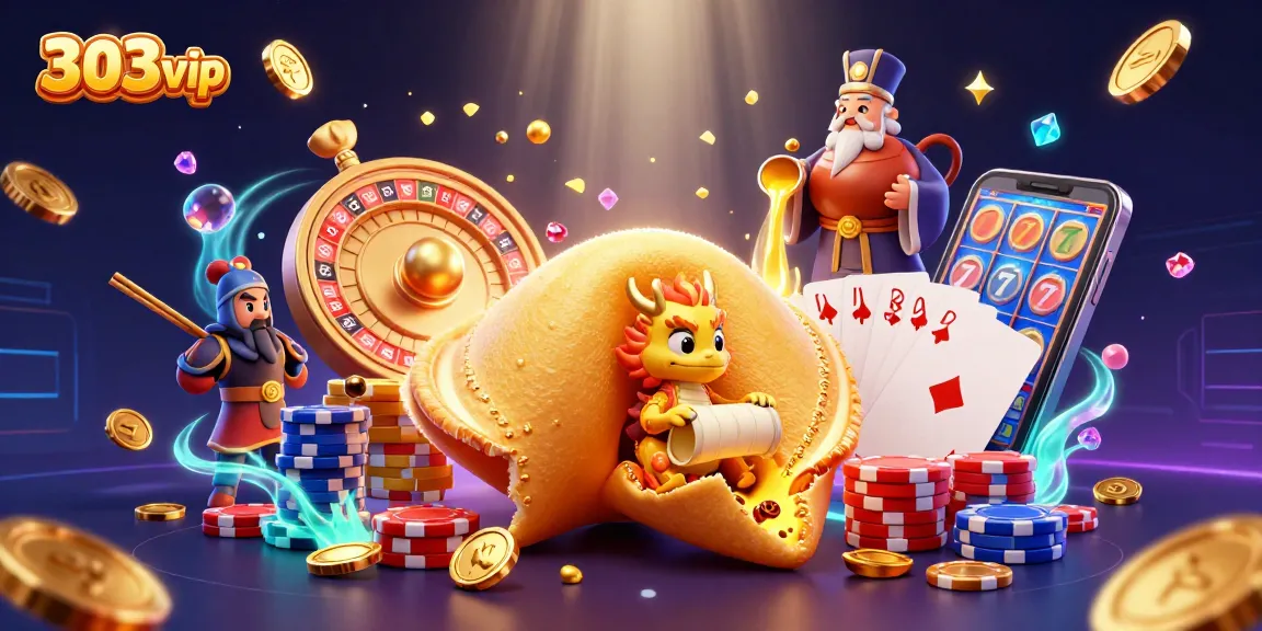 Experience the thrill of 303vip with golden fortune cookies, dragons, and exciting casino elements.